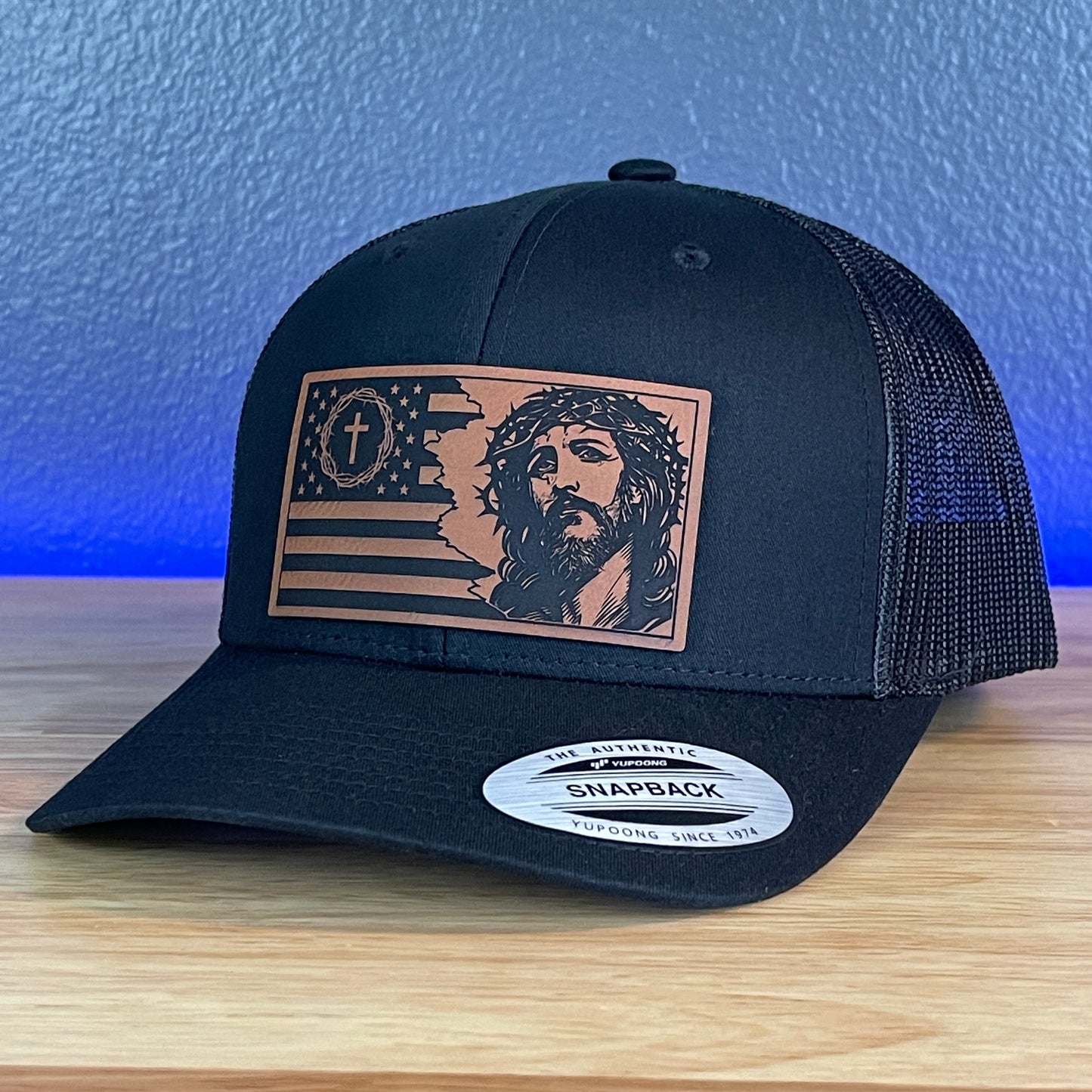 God And Country Jesus American Flag Christian SnapBack Trucker Rawhide Leather Patch Black Hat