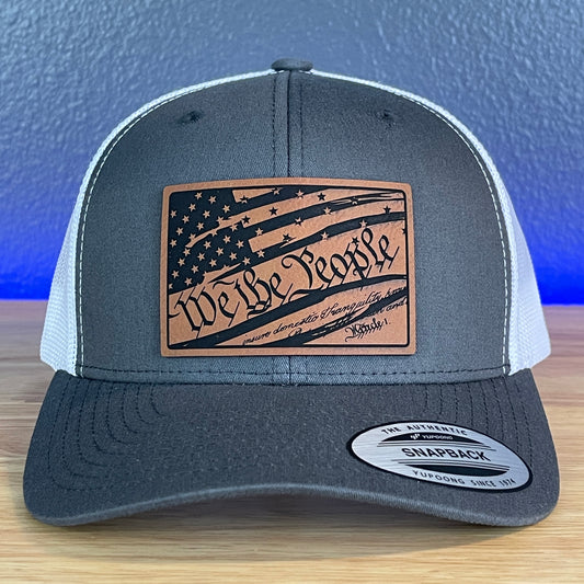 We The People American Flag Patriotic SnapBack Trucker Rawhide Leather Patch Hat Charcoal/White