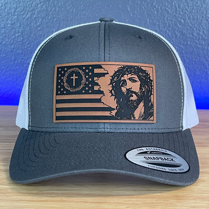 God And Country Jesus American Flag Christian SnapBack Trucker Rawhide Leather Patch Hat Charcoal/White