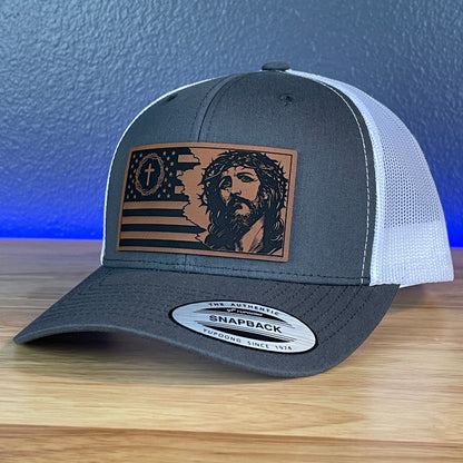 God And Country Jesus American Flag Christian SnapBack Trucker Rawhide Leather Patch Hat Charcoal/White