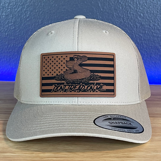 Don't Tread On Me Gadsden American Flag Patriotic SnapBack Trucker Leather Patch Hat Khaki