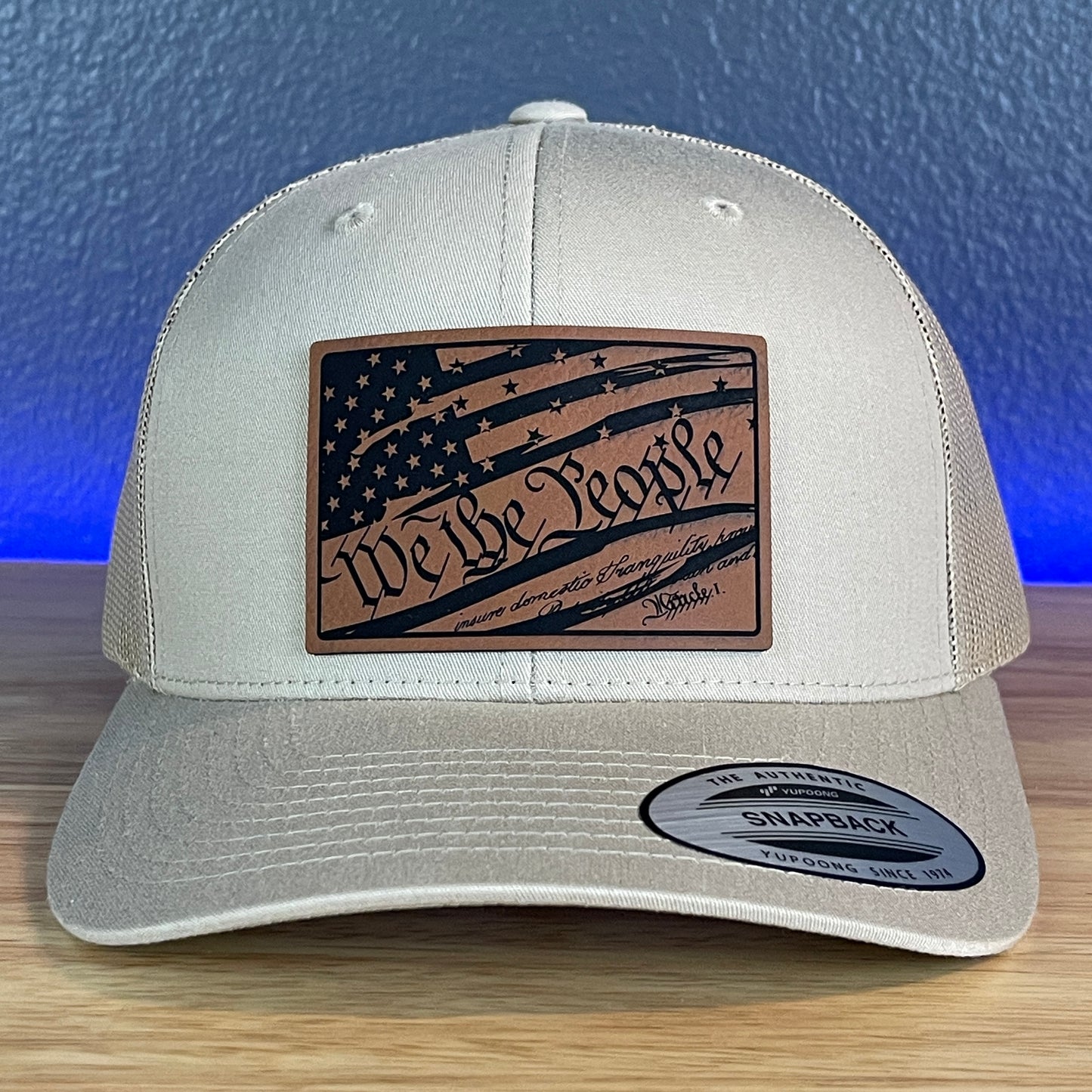 We The People Constitution American Flag Patriotic SnapBack Trucker Leather Patch Hat Khaki