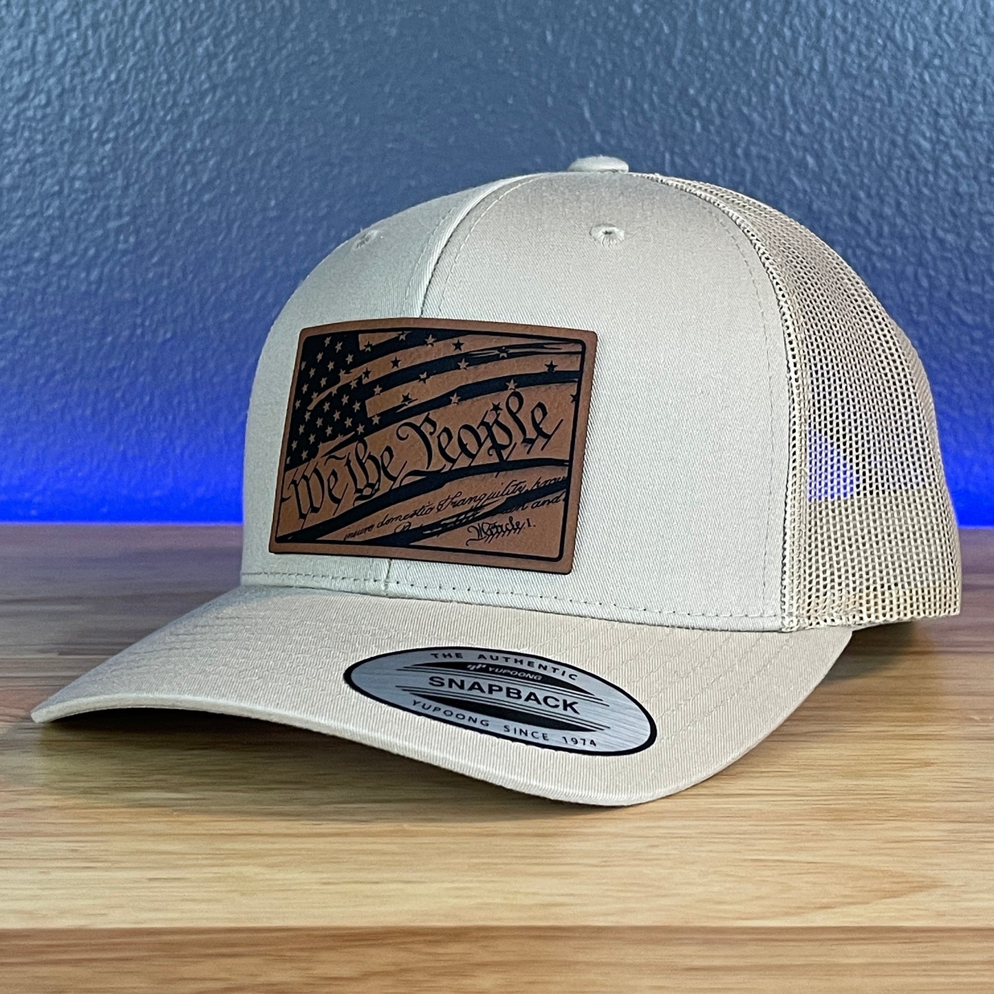 We The People Constitution American Flag Patriotic SnapBack Trucker Leather Patch Hat Khaki