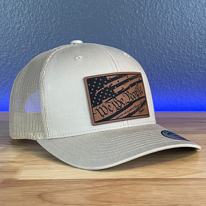 We The People Constitution American Flag Patriotic SnapBack Trucker Leather Patch Hat Khaki