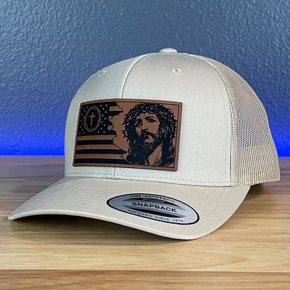 God And Country American Flag Christian SnapBack Trucker Leather Patch Hat Khaki