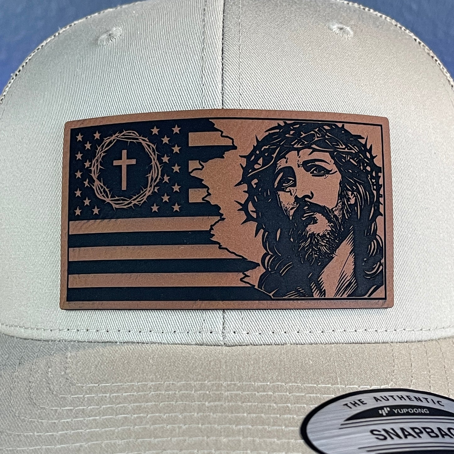 God And Country American Flag Christian SnapBack Trucker Leather Patch Hat Khaki