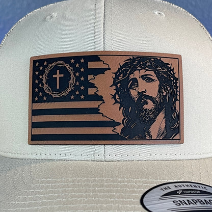 God And Country American Flag Christian SnapBack Trucker Leather Patch Hat Khaki