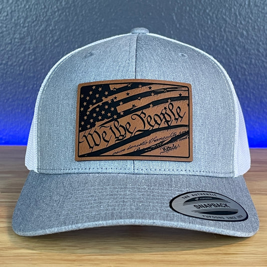 We The People Constitution American Flag Patriotic Leather Patch SnapBack Trucker Hat Heather Grey/White