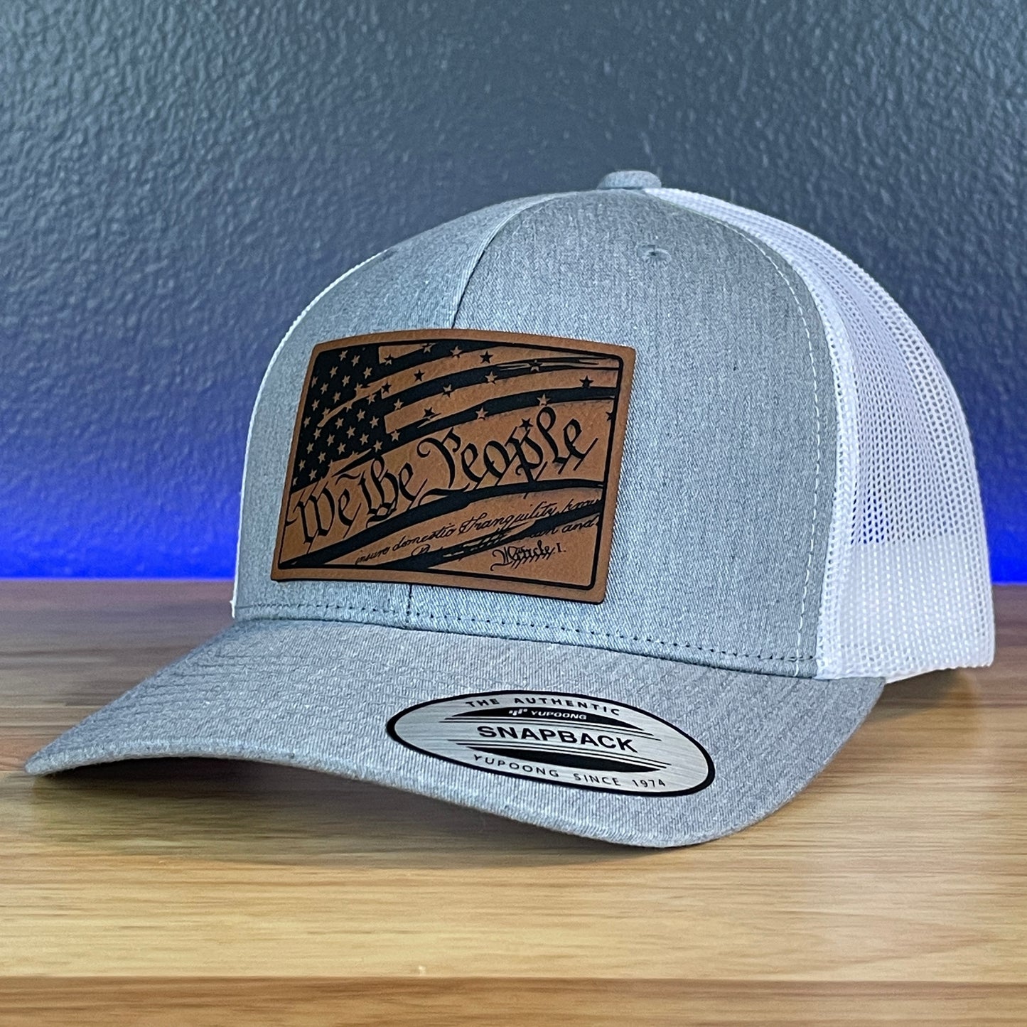 We The People Constitution American Flag Patriotic Leather Patch SnapBack Trucker Hat Heather Grey/White