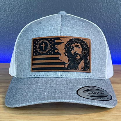 God And Country Christian American Flag Leather Patch SnapBack Trucker Hat Heather Grey/White