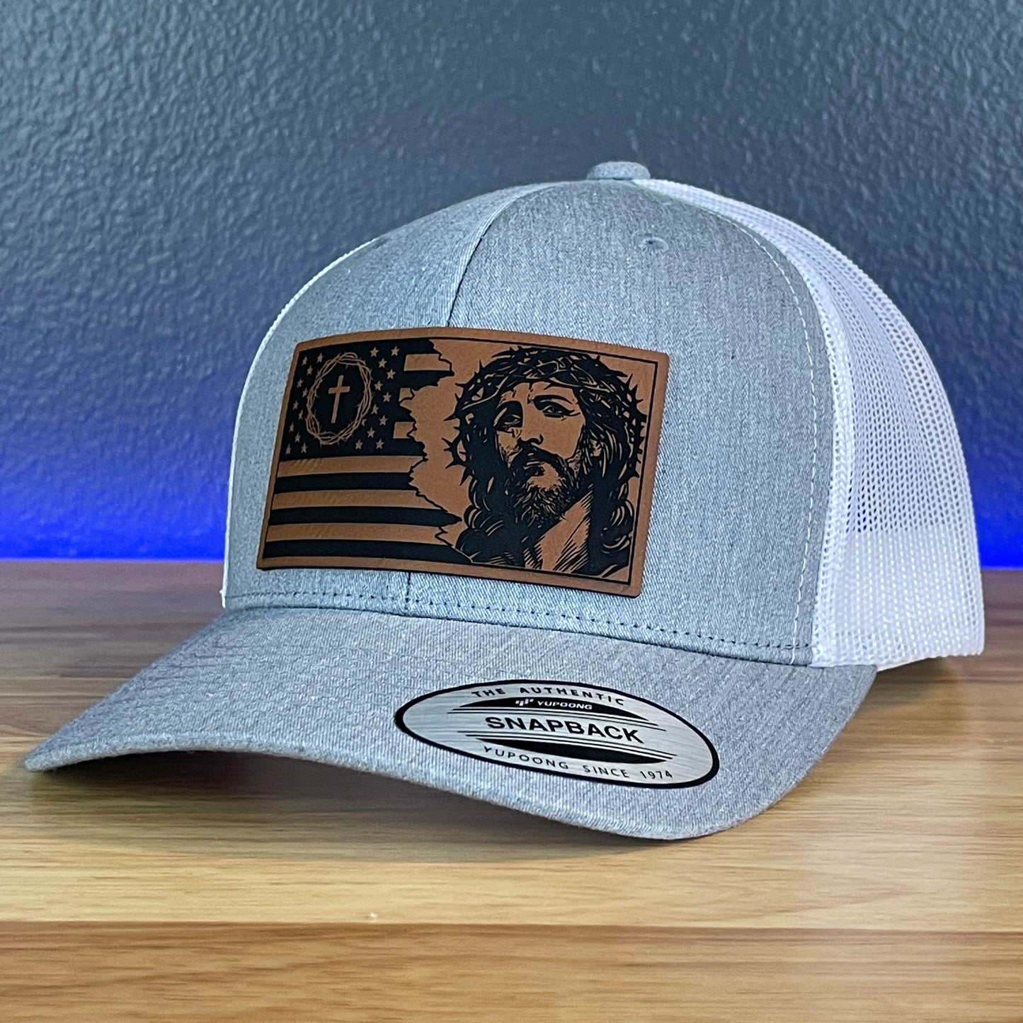 God And Country Christian American Flag Leather Patch SnapBack Trucker Hat Heather Grey/White