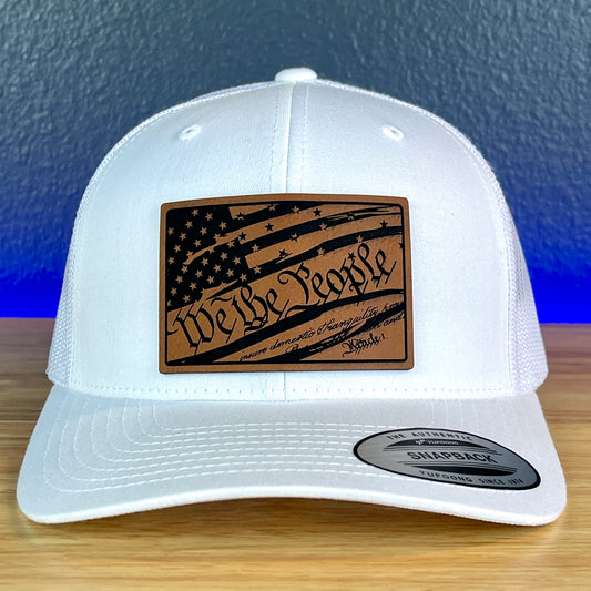 We The People Constitution American Flag Patriotic Leather Patch SnapBack Trucker Hat White