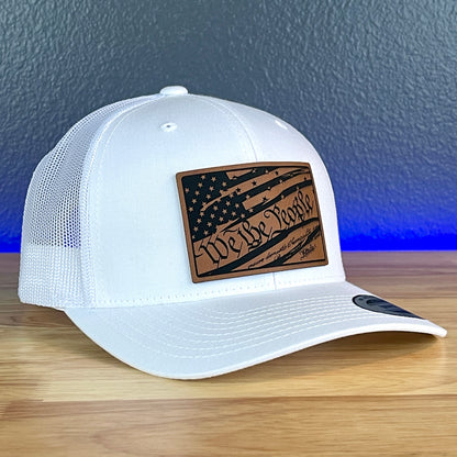 We The People Constitution American Flag Patriotic Leather Patch SnapBack Trucker Hat White