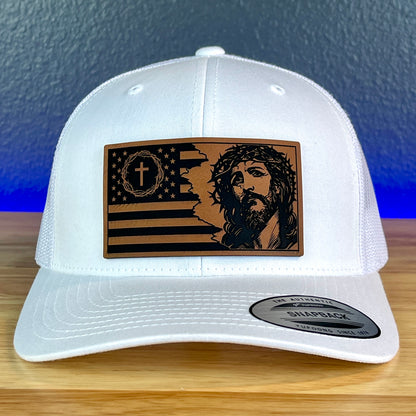 God And Country Christian American Flag Leather Patch SnapBack Trucker Hat White