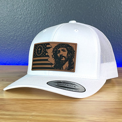 God And Country Christian American Flag Leather Patch SnapBack Trucker Hat White