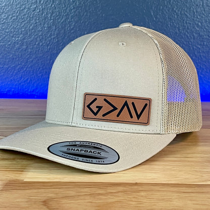 God Is Greater Than The Highs And Lows Christian SnapBack Leather Patch Hat Rawhide Side