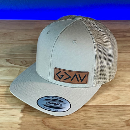 God Is Greater Than The Highs And Lows Christian SnapBack Leather Patch Hat Rawhide Side