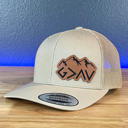 God Is Greater Than The Highs And Lows Christian SnapBack Leather Patch Hat Rawhide Side Outline