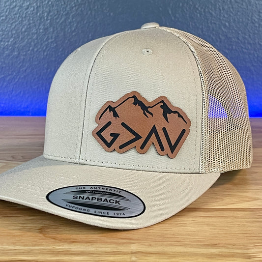 God Is Greater Than The Highs And Lows Christian SnapBack Leather Patch Hat Rawhide Side Outline