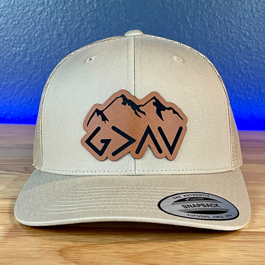 God Is Greater Than The Highs And Lows Christian SnapBack Leather Patch Hat Rawhide Outline