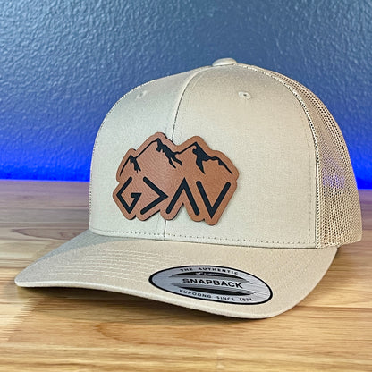 God Is Greater Than The Highs And Lows Christian SnapBack Leather Patch Hat Rawhide Outline