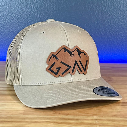 God Is Greater Than The Highs And Lows Christian SnapBack Leather Patch Hat Rawhide Outline