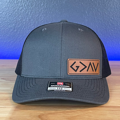 God Is Greater Than The Highs And Lows Christian SnapBack Leather Patch Hat Rawhide Side