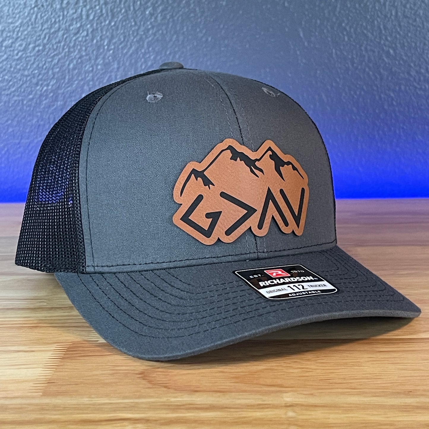 God Is Greater Than The Highs And Lows Christian SnapBack Leather Patch Hat Rawhide Outline