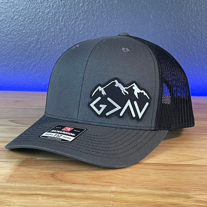 God Is Greater Than The Highs And Lows Christian SnapBack Leather Patch Hat Blk/Silv Side Outline