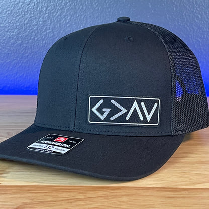 God Is Greater Than The Highs And Lows Christian SnapBack Leather Patch Hat Blk/Silv Side