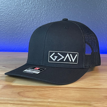 God Is Greater Than The Highs And Lows Christian SnapBack Leather Patch Hat Blk/Silv Side