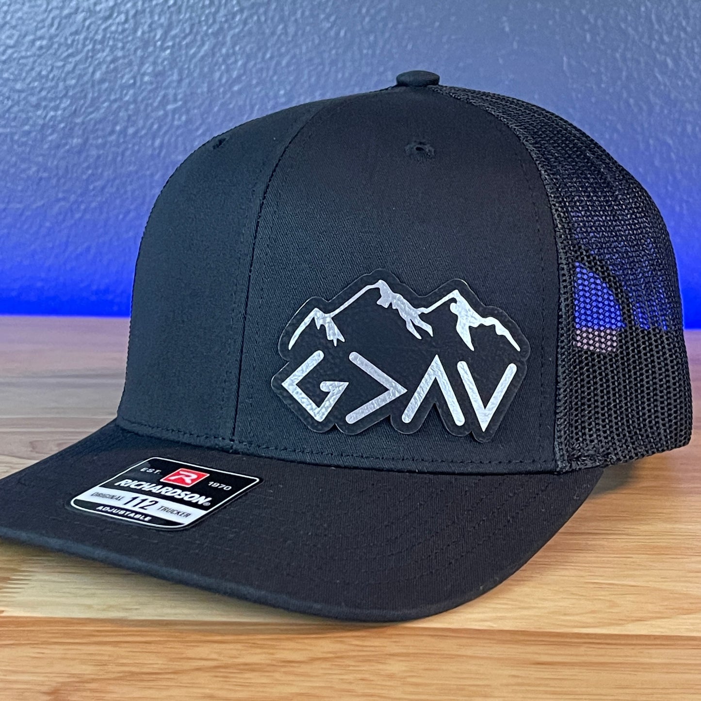 God Is Greater Than The Highs And Lows Christian SnapBack Leather Patch Hat Blk/Silv Side Outline