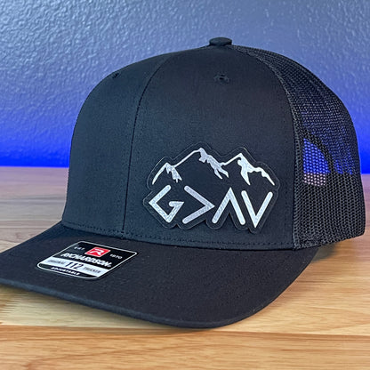 God Is Greater Than The Highs And Lows Christian SnapBack Leather Patch Hat Blk/Silv Outline