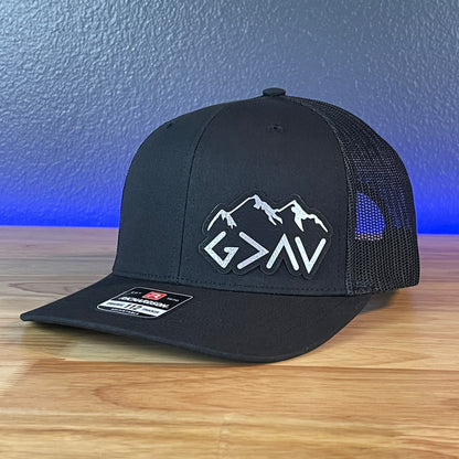 God Is Greater Than The Highs And Lows Christian SnapBack Leather Patch Hat Blk/Silv Side Outline