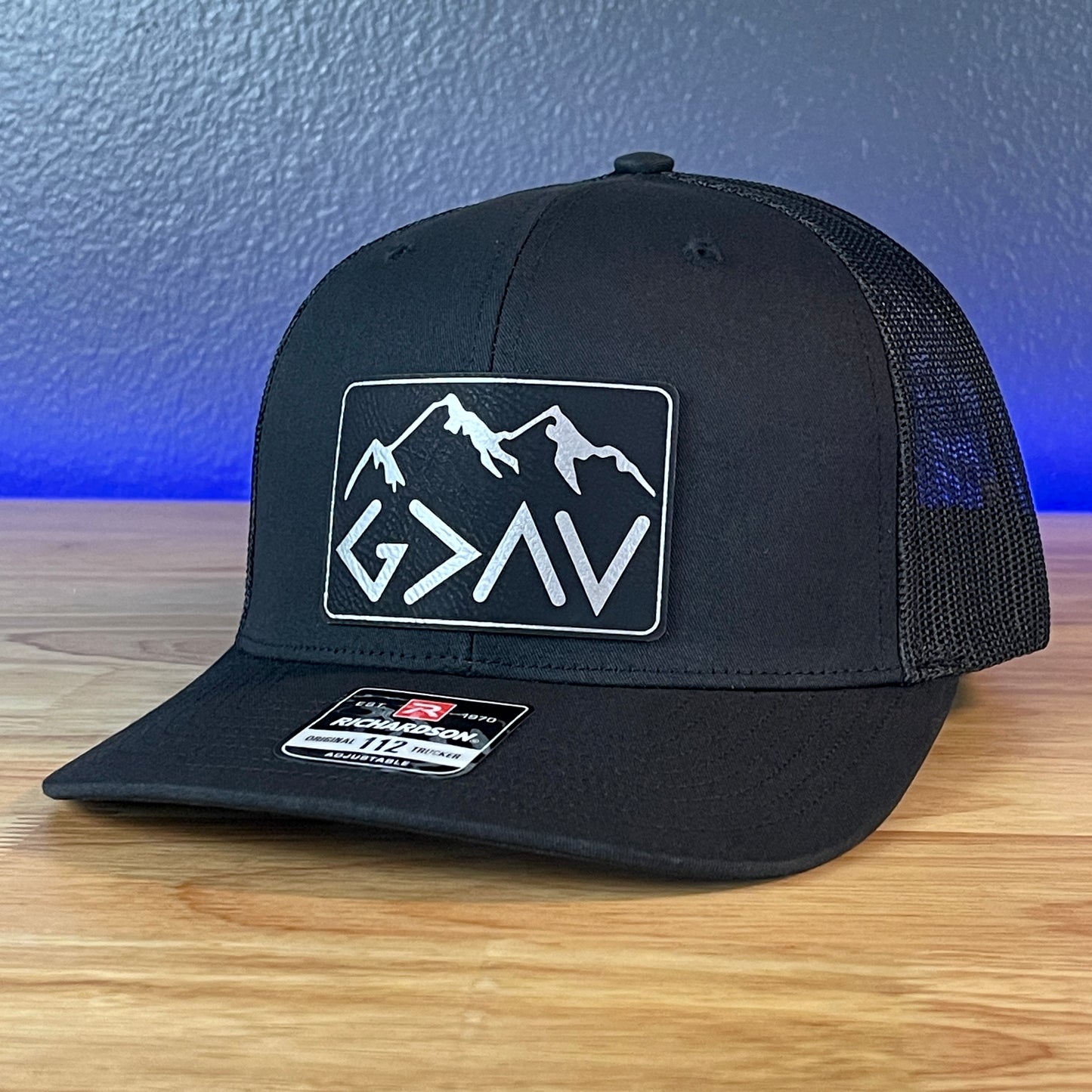 God Is Greater Than The Highs And Lows Christian SnapBack Leather Patch Hat Blk/Silv Rectangular