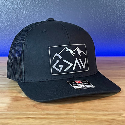 God Is Greater Than The Highs And Lows Christian SnapBack Leather Patch Hat Blk/Silv Rectangular