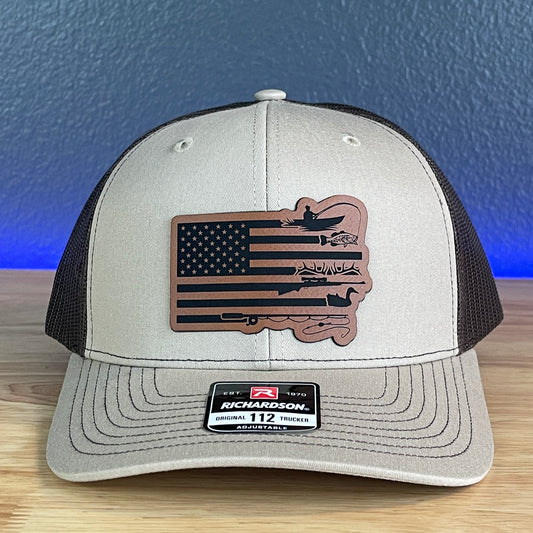 Fishing And Duck Hunting American Flag Patriotic Leather Patch Hat Khaki/Brown