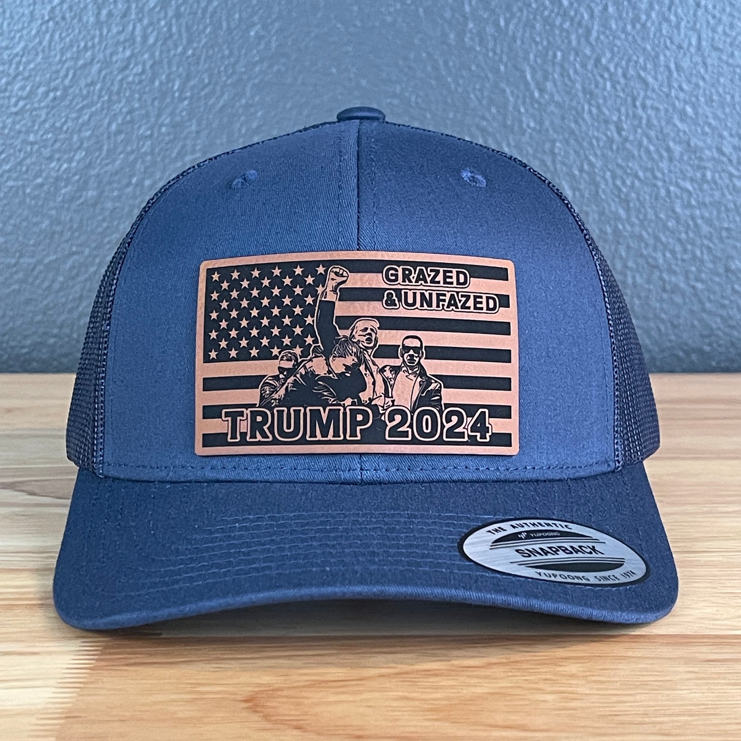 Grazed & Unfazed Trump 2024 SnapBack Trucker Rawhide Leather Flag Patch Navy Hat