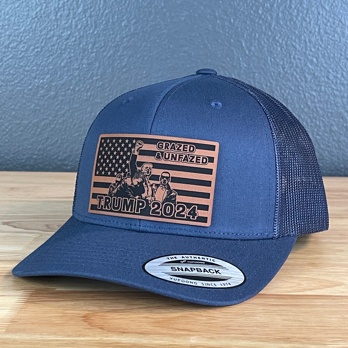 Grazed & Unfazed Trump 2024 SnapBack Trucker Rawhide Leather Flag Patch Navy Hat