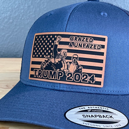 Grazed & Unfazed Trump 2024 SnapBack Trucker Rawhide Leather Flag Patch Navy Hat