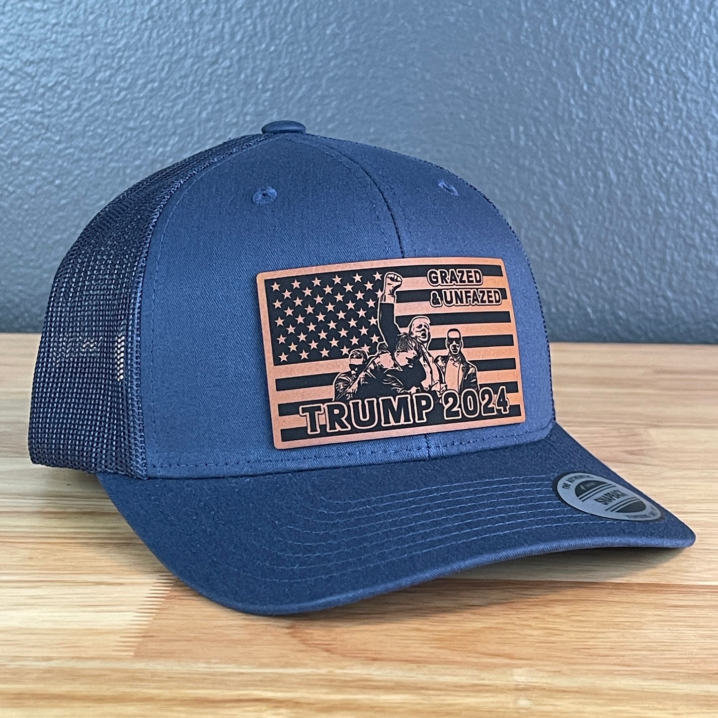 Grazed & Unfazed Trump 2024 SnapBack Trucker Rawhide Leather Flag Patch Navy Hat