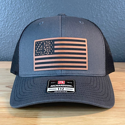 45 47 Inauguration American Flag Patriotic SnapBack Trucker Rawhide Leather Patch Hat Charcoal