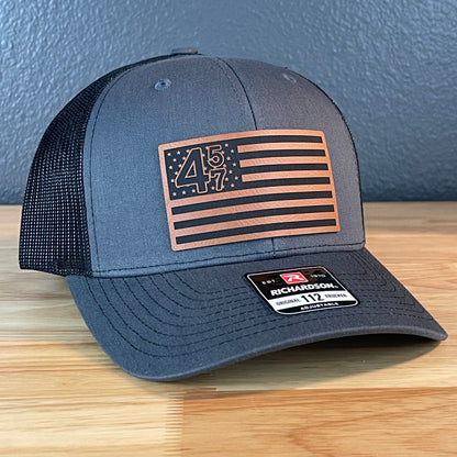 45 47 Inauguration American Flag Patriotic SnapBack Trucker Rawhide Leather Patch Hat Charcoal