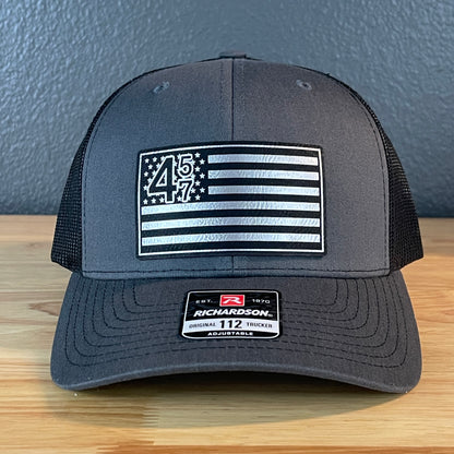 45 47 Inauguration American Flag Patriotic SnapBack Trucker Leather Patch Hat Charcoal Blk/Silv