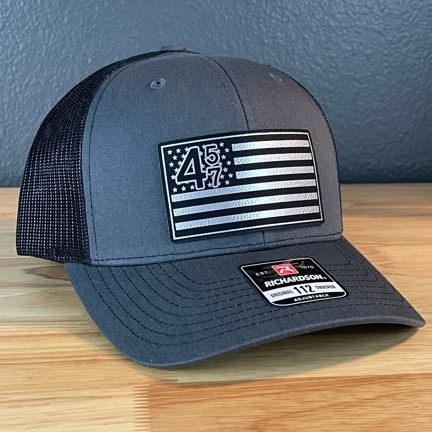 45 47 Inauguration American Flag Patriotic SnapBack Trucker Leather Patch Hat Charcoal Blk/Silv