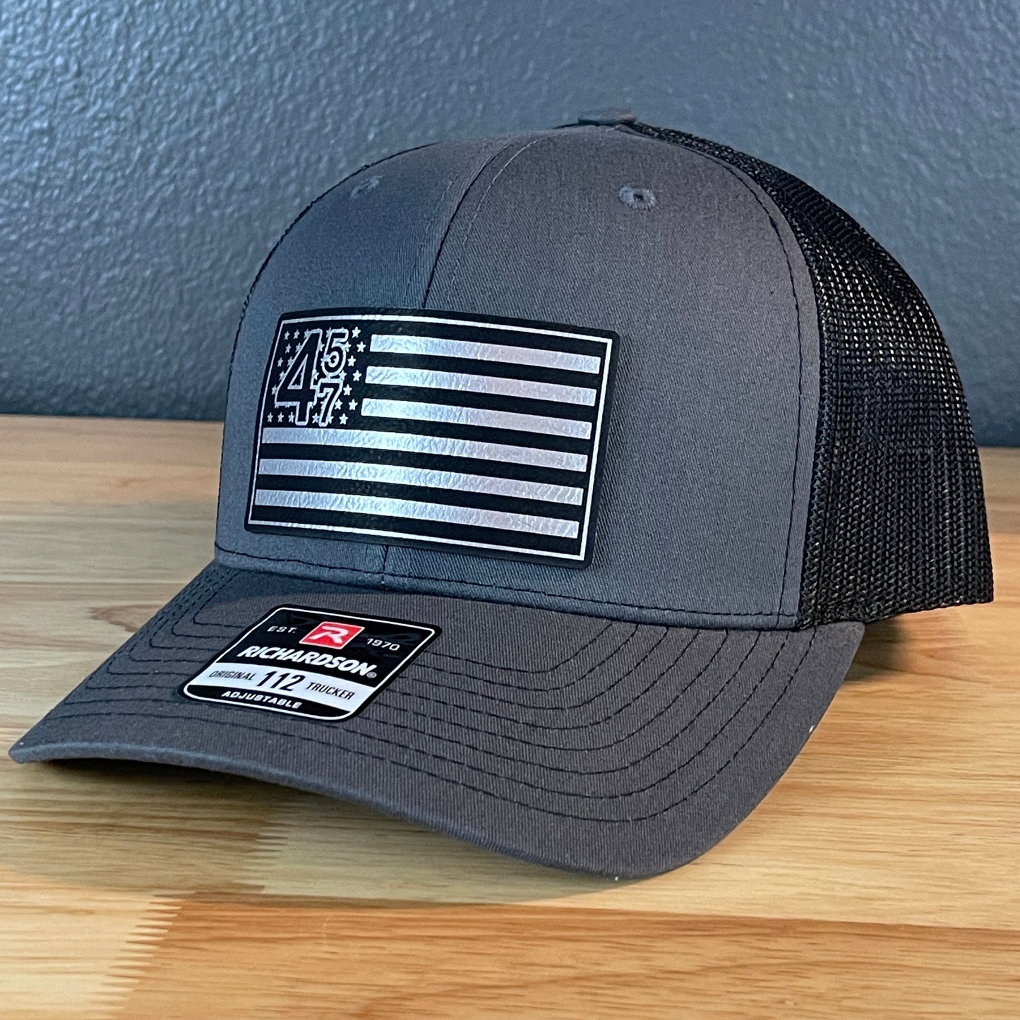 45 47 Inauguration American Flag Patriotic SnapBack Trucker Leather Patch Hat Charcoal Blk/Silv