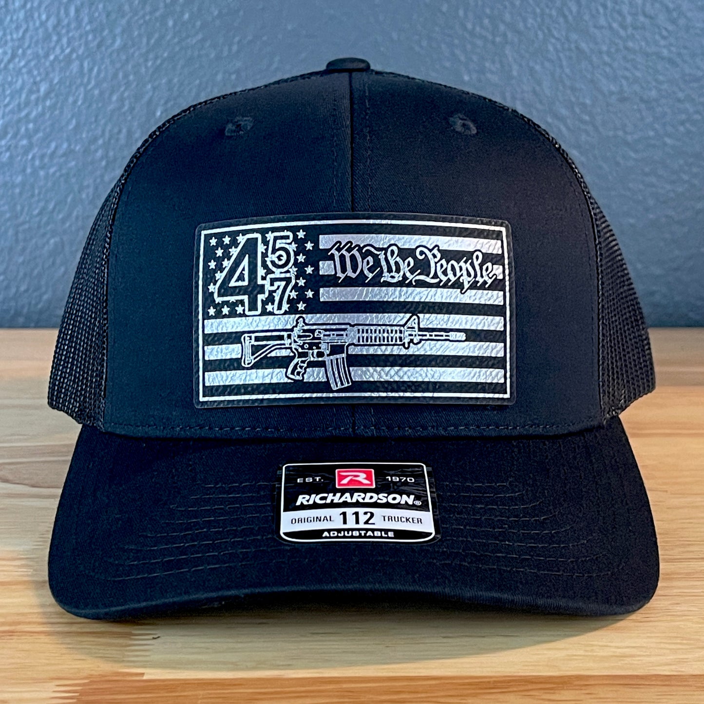 45 47 We the People 2A American Flag SnapBack Trucker Leather Patch Hat Blk/Silv