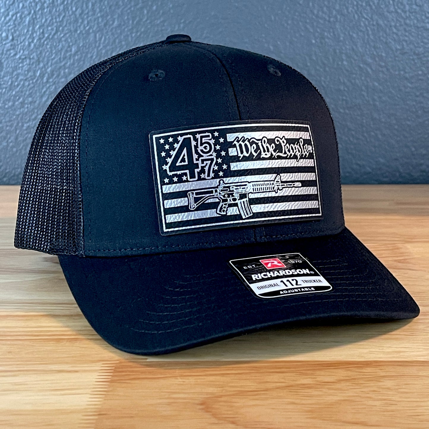 45 47 We the People 2A American Flag SnapBack Trucker Leather Patch Hat Blk/Silv