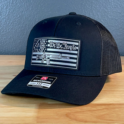 45 47 We the People 2A American Flag SnapBack Trucker Leather Patch Hat Blk/Silv