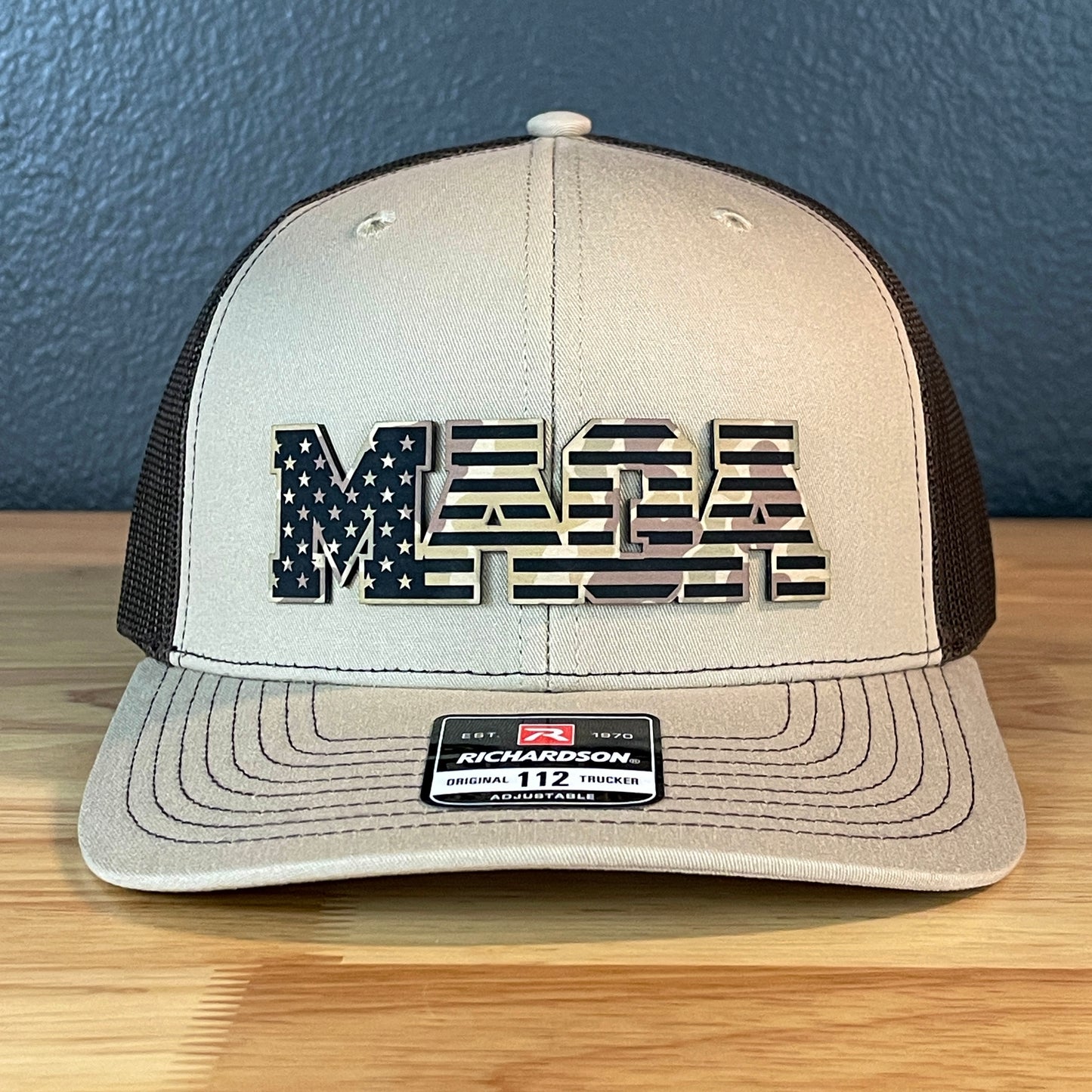 Duck Camo MAGA American Flag Patriotic Leather Patch SnapBack Trucker Hat